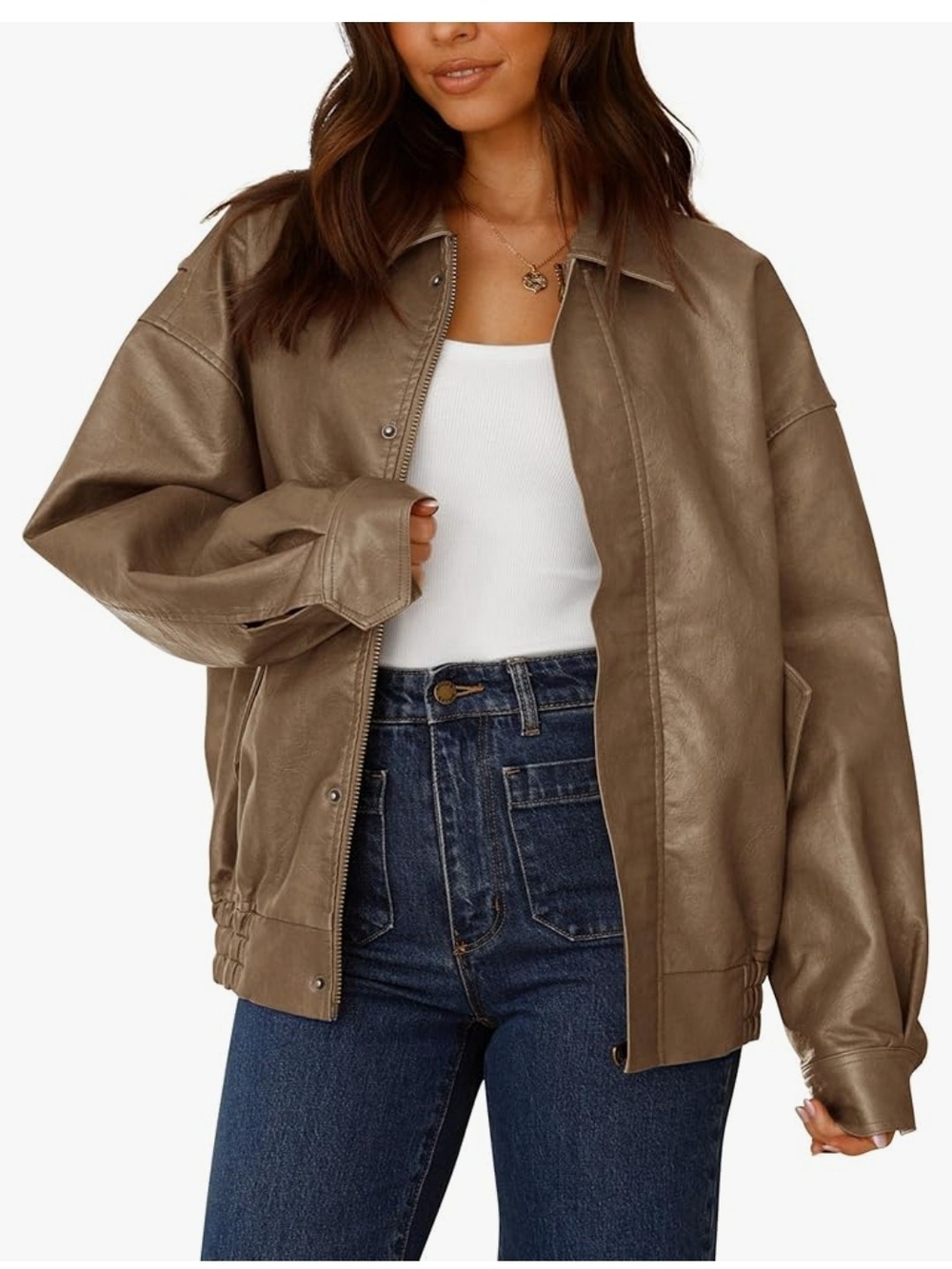 Taupe Faux Leather Oversized Bomber/Riding Jacket - Women's Casual Coat